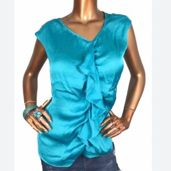 Sunny Leigh Tops - SUNNY LEIGH Blue Aquamarine Ruffled Silky Pullover Blouse Size L NWOT